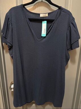 Beacon Oksans Navy V-Neck Short Flutter Sleeve Knit top